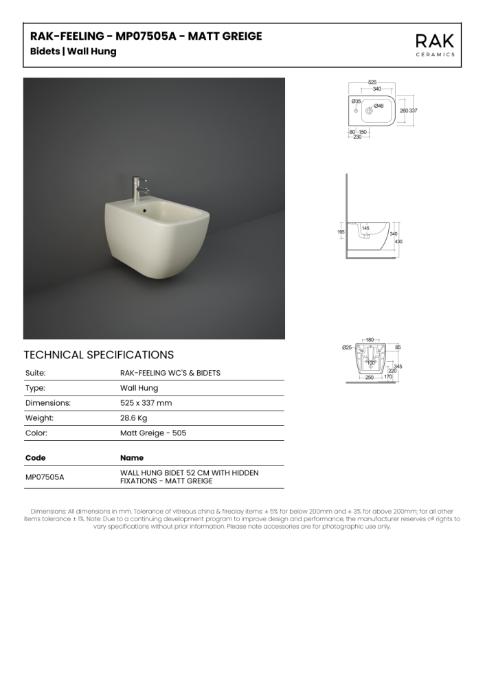 RAK Feeling Wall Hung Bidet Matt Greige