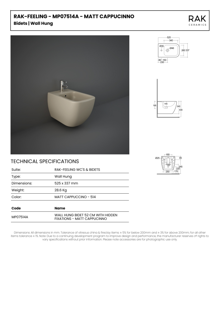 RAK Feeling Wall Hung Bidet Matt Cappuccino