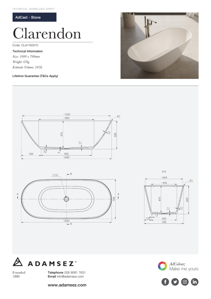 GS-cla-160x70 Clarendon Freestanding Stone Bath 1600 x 700mm