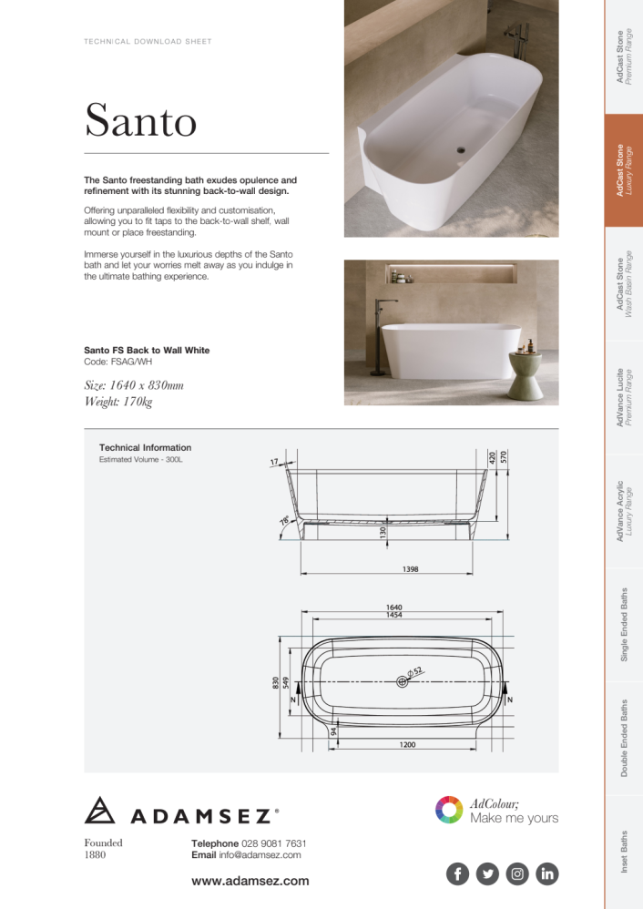 GS-fsag-wh Santo Freestanding Back-to-Wall Stone Bath 1640 x 830mm — White
