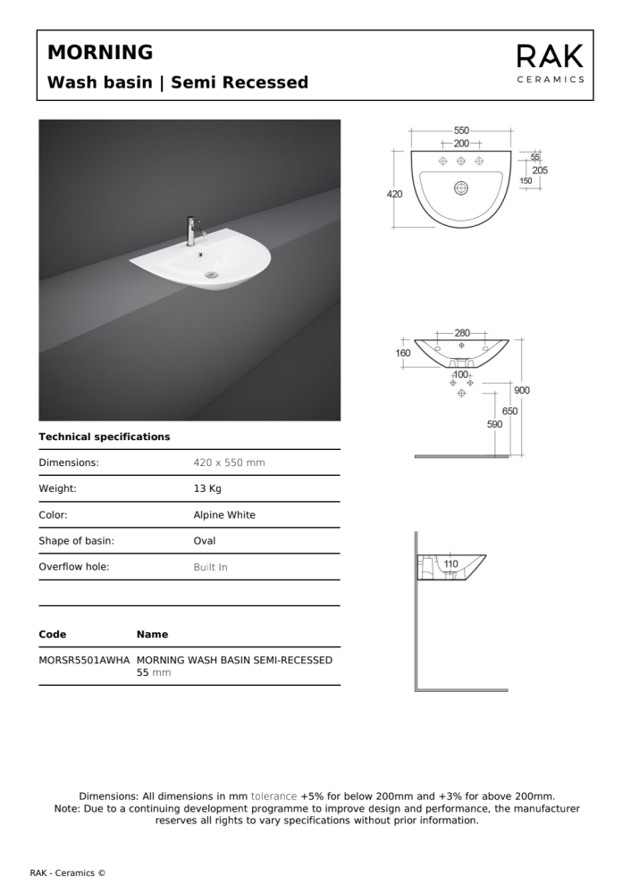 RAK Morning 55cm Semi Recessed Basin 1th