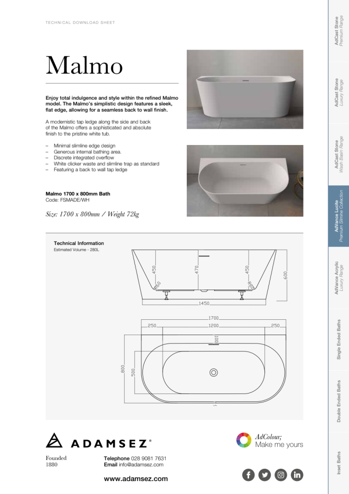 Adamsez Malmo Back-to-Wall Freestanding Acrylic Bath 1700 x 800mm — Double Ended White