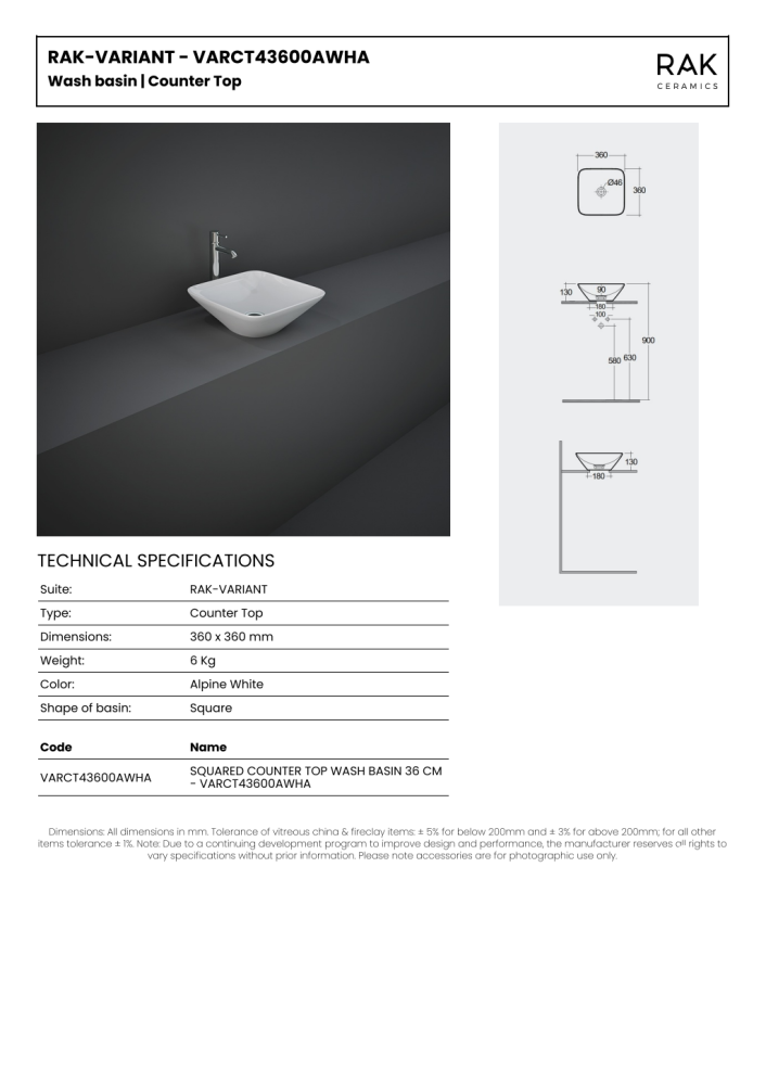 RAK Variant Square Counter Top Wash Basin 36cm
