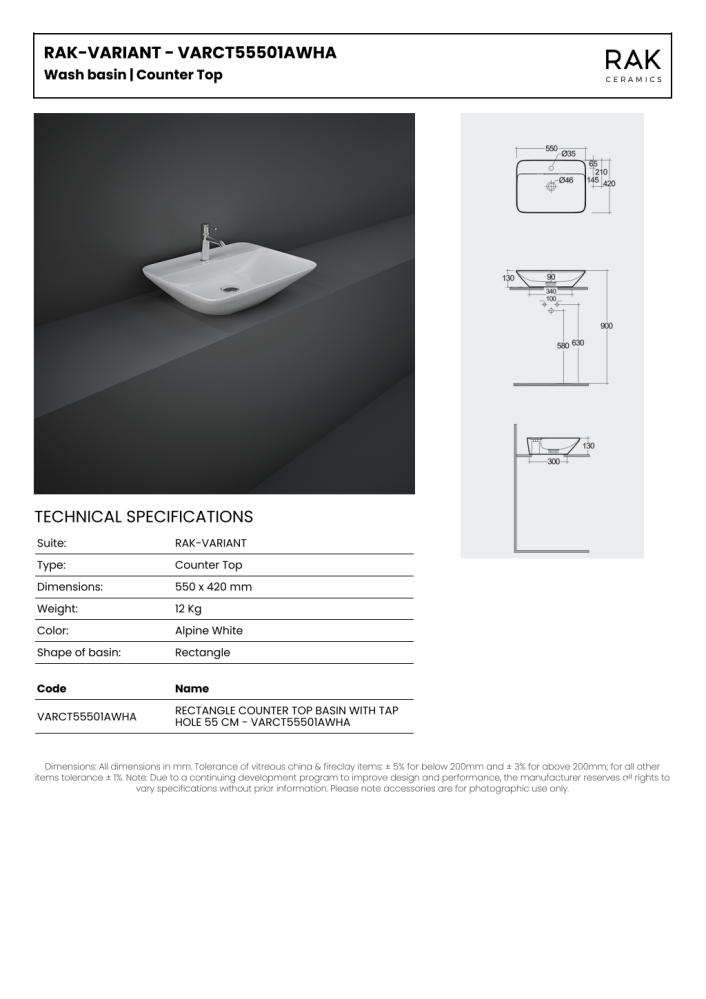 RAK Variant Rectangular Counter Top Wash Basin 55cm 1TH with Tap Ledge