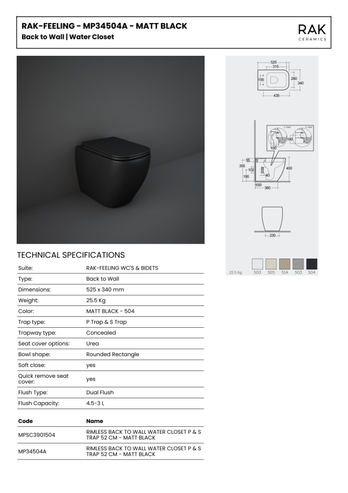 RAK Feeling Rimless BTW Pan Matt Black 525 x 340mm & Soft Close Seat Matt Black