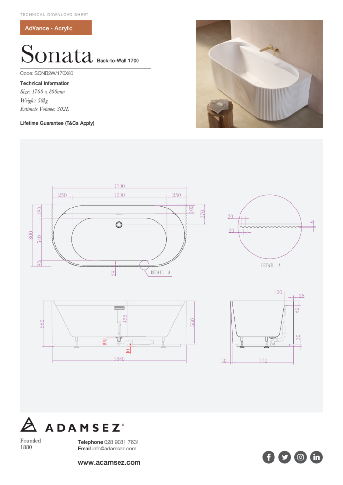 GS-sonb2w-170x80 Sonata Back-to-Wall Acrylic Bath 1700 x 800mm