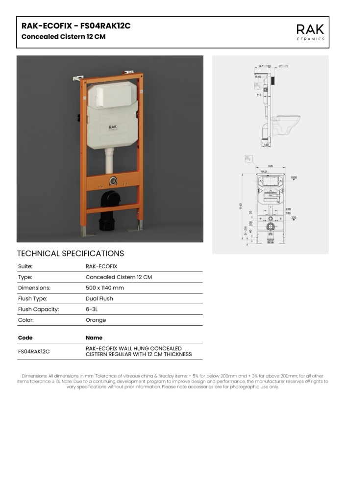 RAK-ECOFIX WALL HUNG CONCEALED CISTERN REGULAR WITH 12 CM THICKNESS
