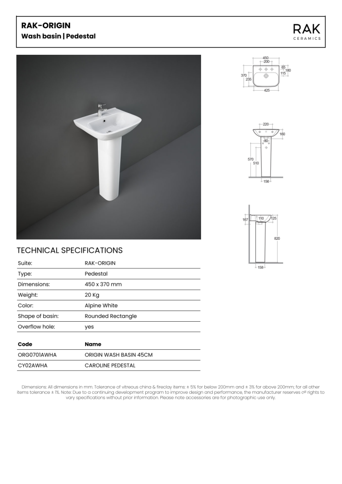 RAK Origin 45cm Basin 1th