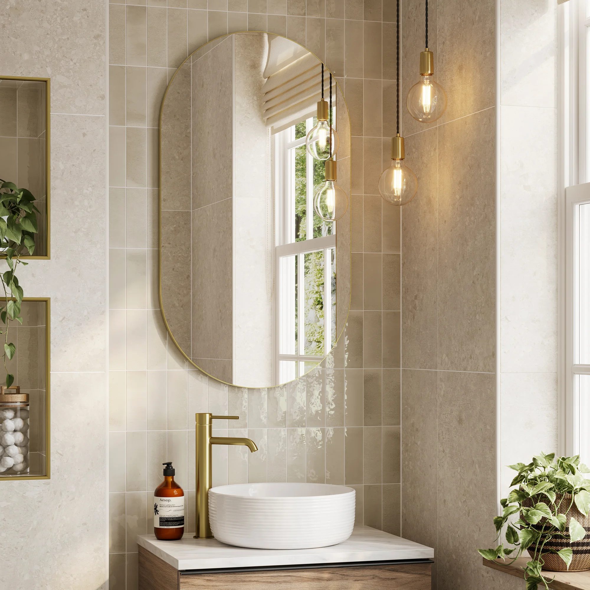 Trim Pill LED Illuminated Bathroom Mirror – 50 cm Brushed Brass Frame Wall Mounted