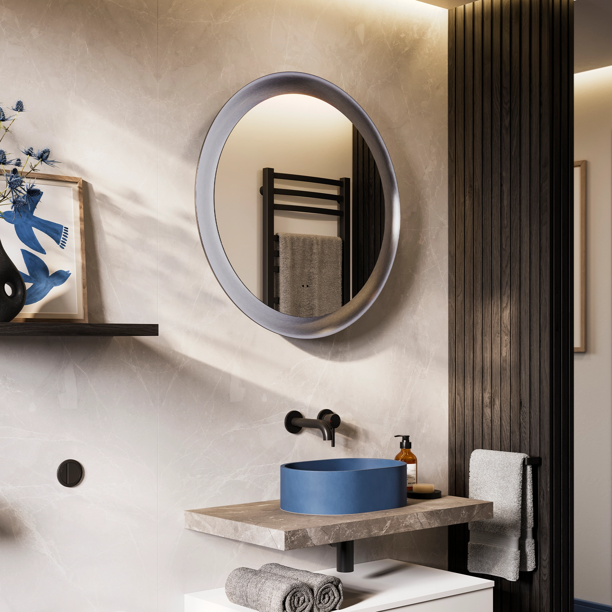 Vaida Brushed Steel Round LED Illuminated Bathroom Mirror – 60 cm Wall Mounted