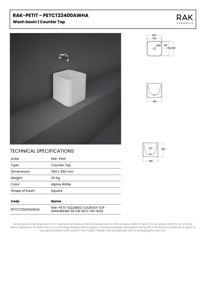 RAK Petit Square Countertop Basin 36x36xH34cm