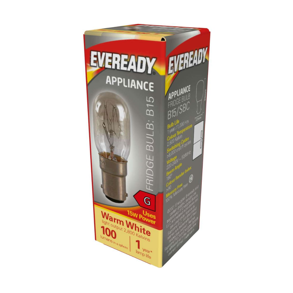 Eveready Fridge Lamp B15 (SBC) 100lm 15W 3,000K (Warm White)