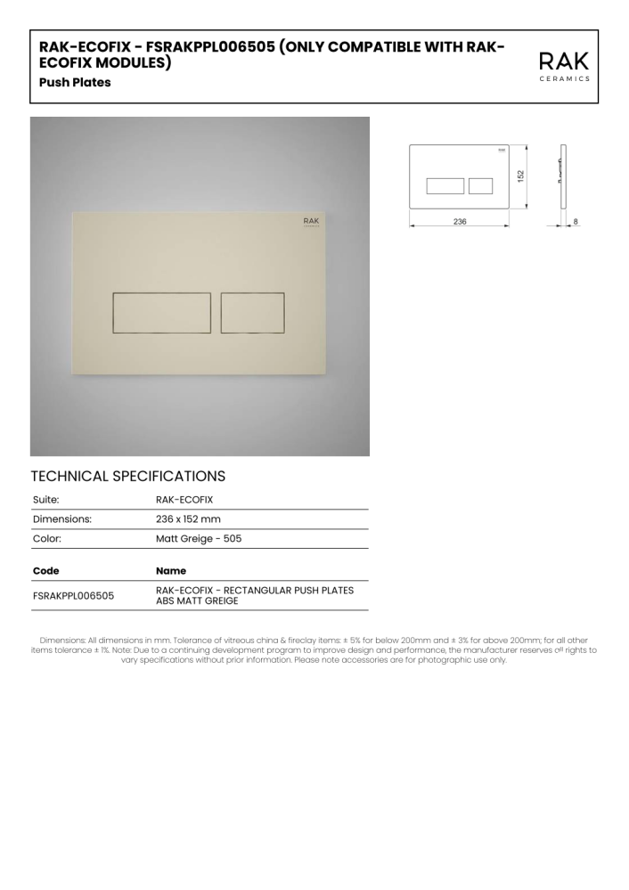 RAK-ECOFIX White-Chrome-White Push Plates Flushing Systems - Matt Greige