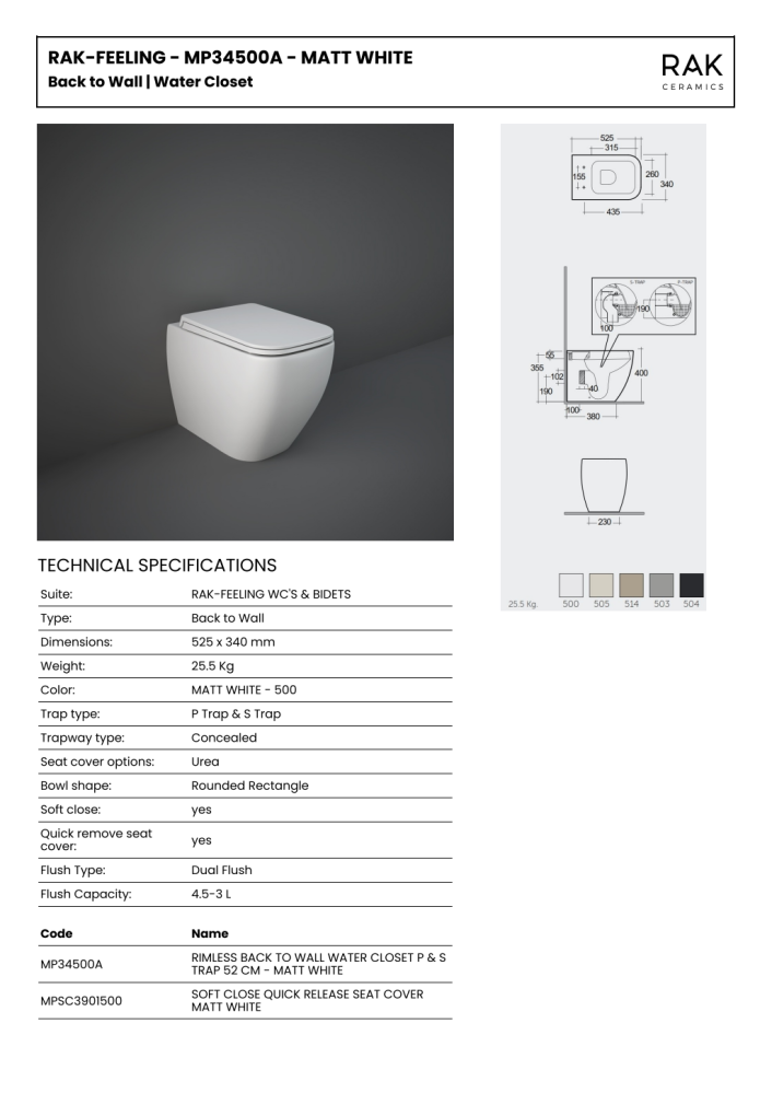 RAK Feeling Rimless BTW Pan Matt White 525 x 340mm & Soft Close Seat Matt White