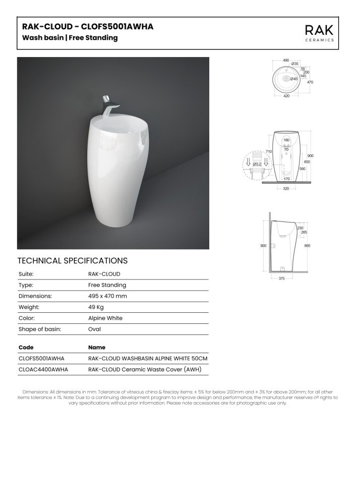 RAK Cloud Free Standing 50cm Wash Basin 1th