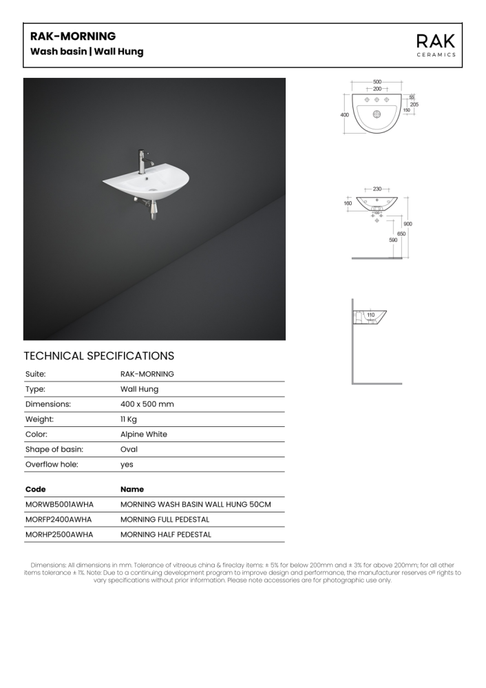 RAK-MORNING Alpine White Wall Hung Wash Basin 50cm