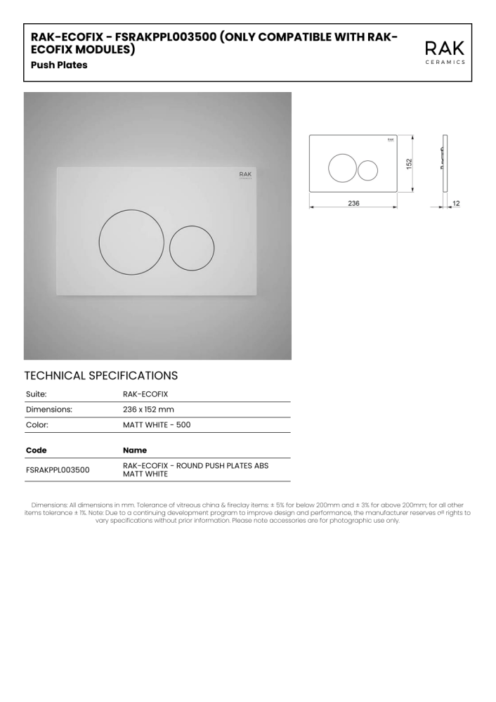 RAK-ECOFIX White-Chrome-White Push Plates Flushing Systems - MATT WHITE