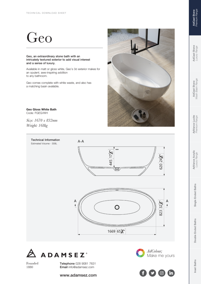 GS-fgeg-wh Geo Freestanding Stone Bath 1670 x 823mm — Gloss White