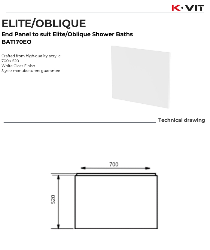 Bath End Panel to suit Elite/Oblique Shower baths
