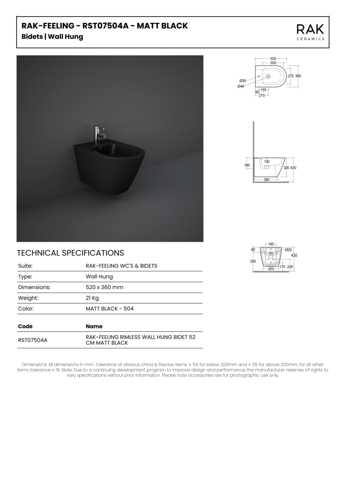 RAK Feeling Wall Hung Bidet in Matt Black