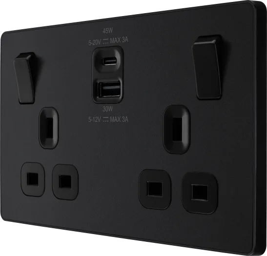 BG Evolve Matt Black Double Switch 13A Power Socket + USB A + C 45W