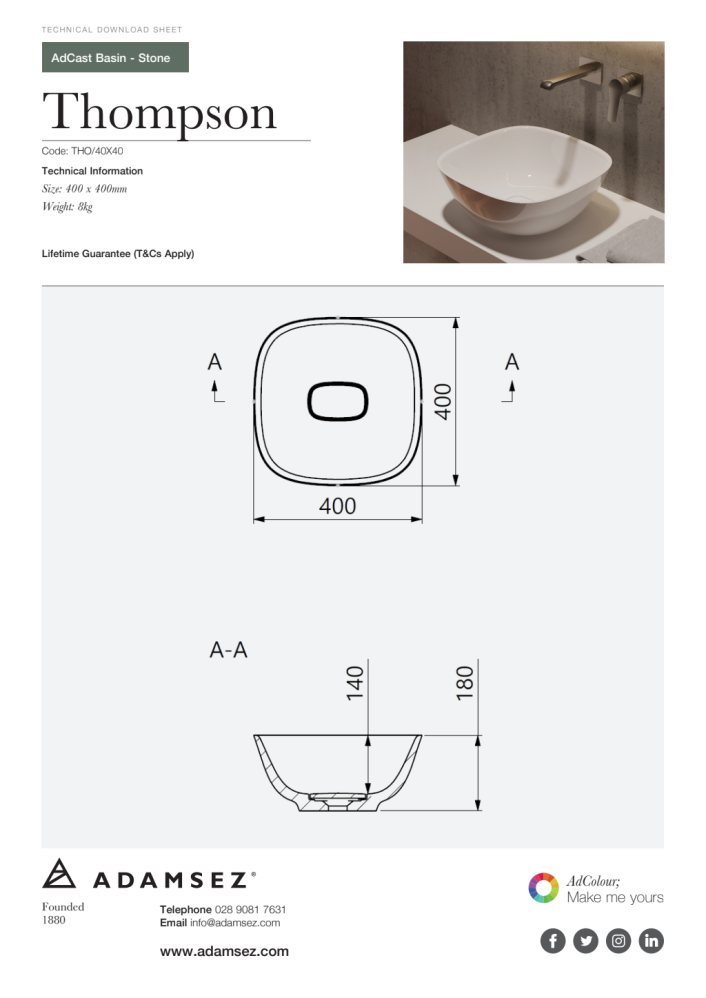 GS-tho-40x40 Thompson Stone Wash Basin 400 x 400mm