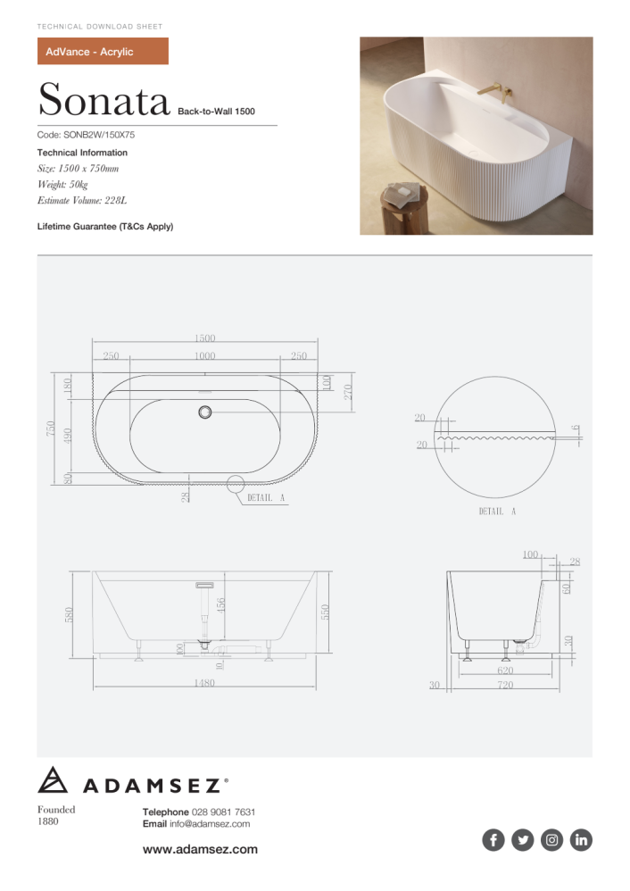 Adamsez Sonata Back-to-Wall Acrylic Bath 1500 x 750mm