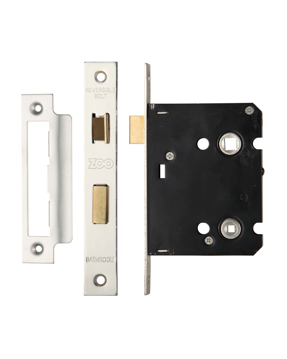 Mortice Bathroom Lock, 76mm - 57mm Centres, Square, Satin Stainless Steel Finish