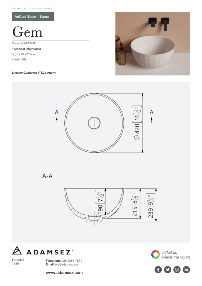 GS-gem-42x42 Gem Stone Wash Basin 420 x 420mm