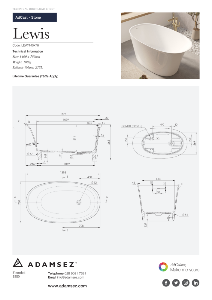 GS-lew-140x78 Lewis Freestanding Stone Bath 1400 x 780mm