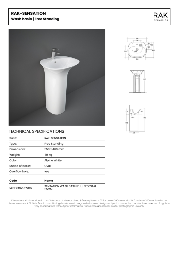 RAK Sensation Free Standing Wash Basin 1th 550x460mm