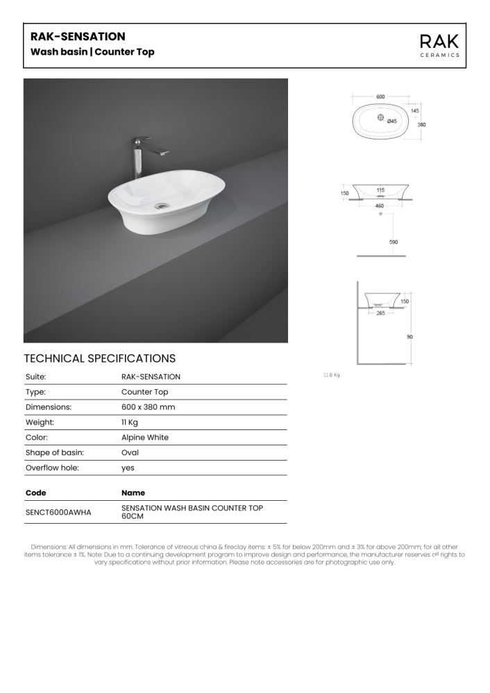 RAK Sensation 60cm Counter Top Basin (No Overflow)