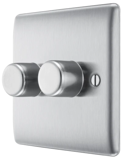 BG Nexus Metal Dimmer Switch Double 2 Way Brushed Steel