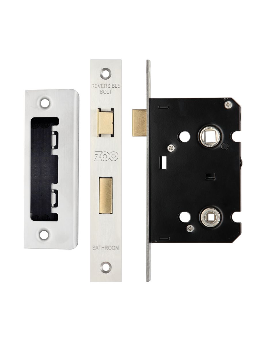 Mortice Bathroom Lock, 64mm - 57mm Centres, Square, Satin Stainless Steel Finish