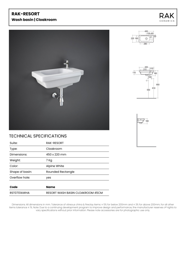 RAK Resort 45cm Slimline Basin 1th Right Rand