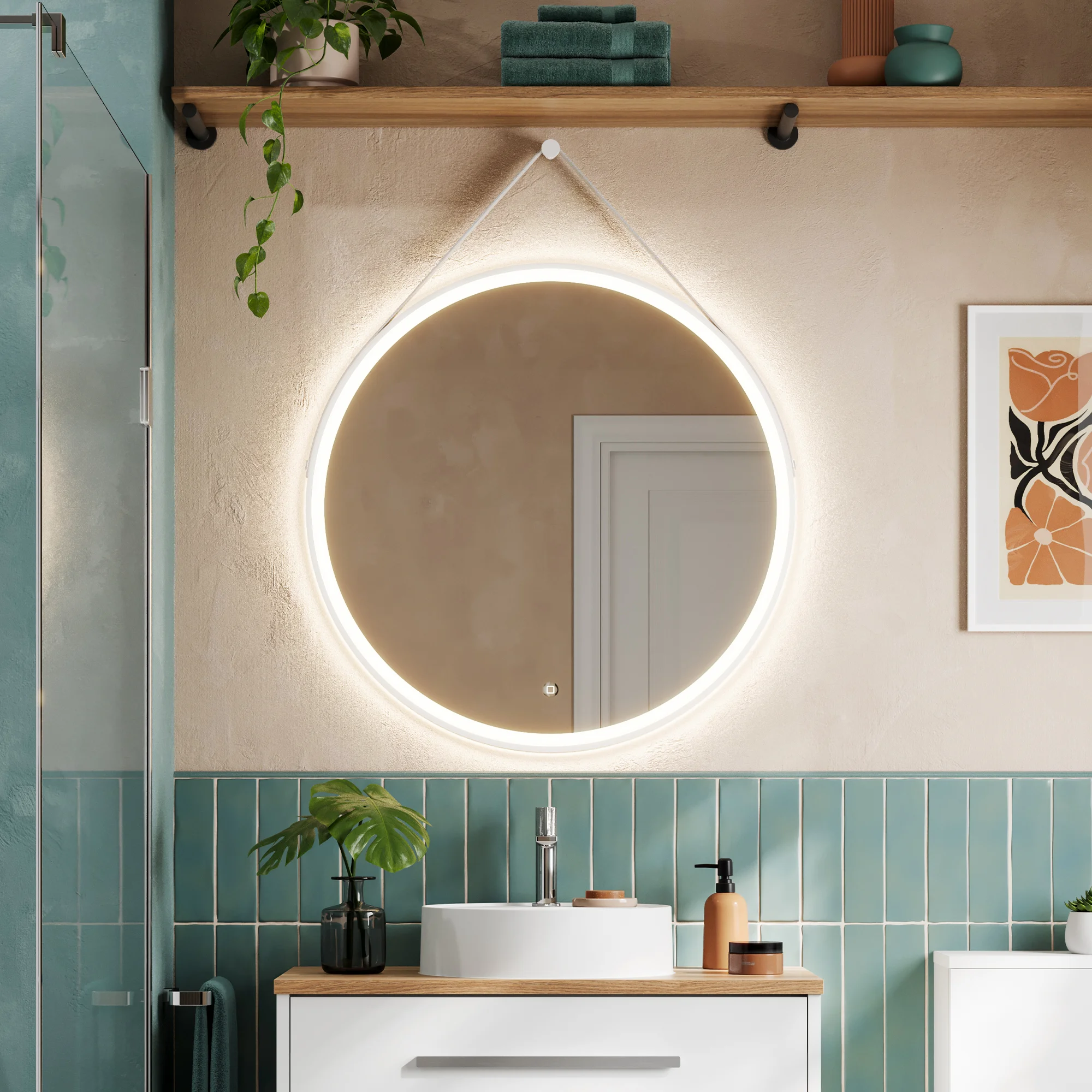 Solstice Round LED Illuminated Bathroom Mirror – 80 cm Matt White Frame