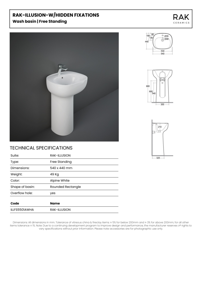 RAK Illusion Freestanding Wash Basin 1TH 540x440mm