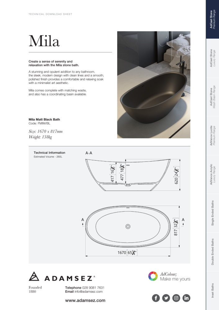 GS-fmim-bl Mila Freestanding Stone Bath 1670 x 817mm — Matt Black
