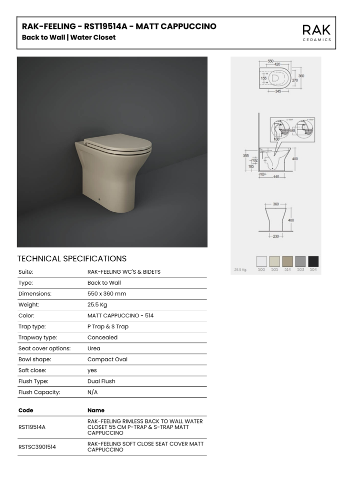 RAK Feeling Rimless BTW Pan Matt Cappuccino 550 x 360mm & Soft Close Seat Matt Cappuccino