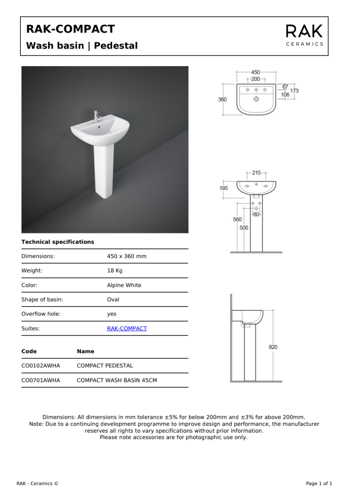 RAK Compact Small Pedestal for 46cm Basin