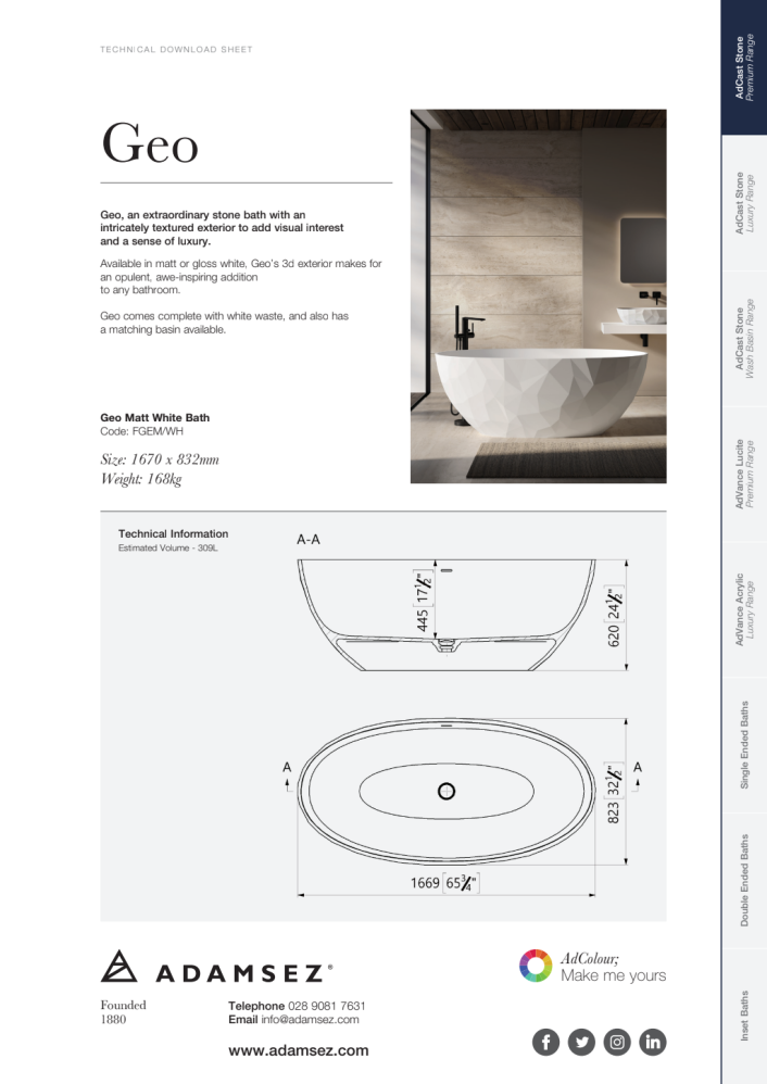 GS-fgem-wh Geo Freestanding Stone Bath 1670 x 823mm — Matt White