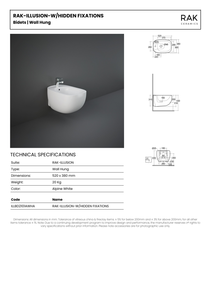 RAK Illusion Wall Hung Bidet 1TH