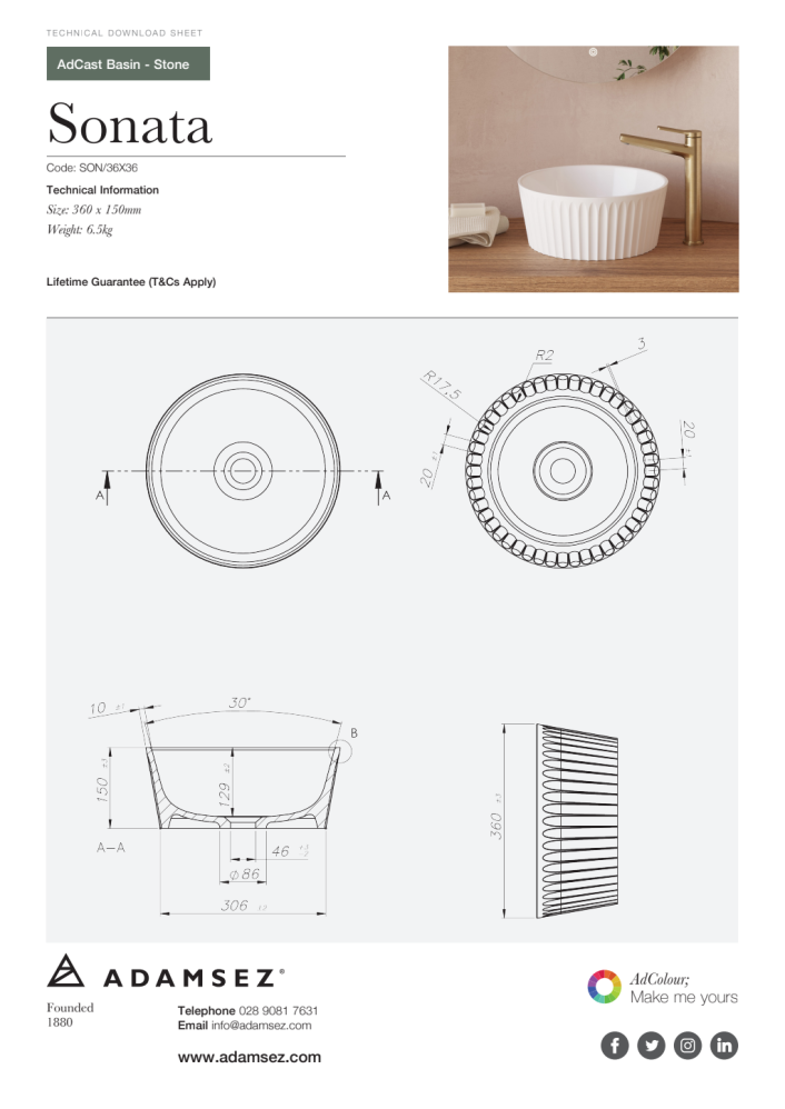 GS-son-36x36 Sonata Stone Wash Basin 360 x 360mm