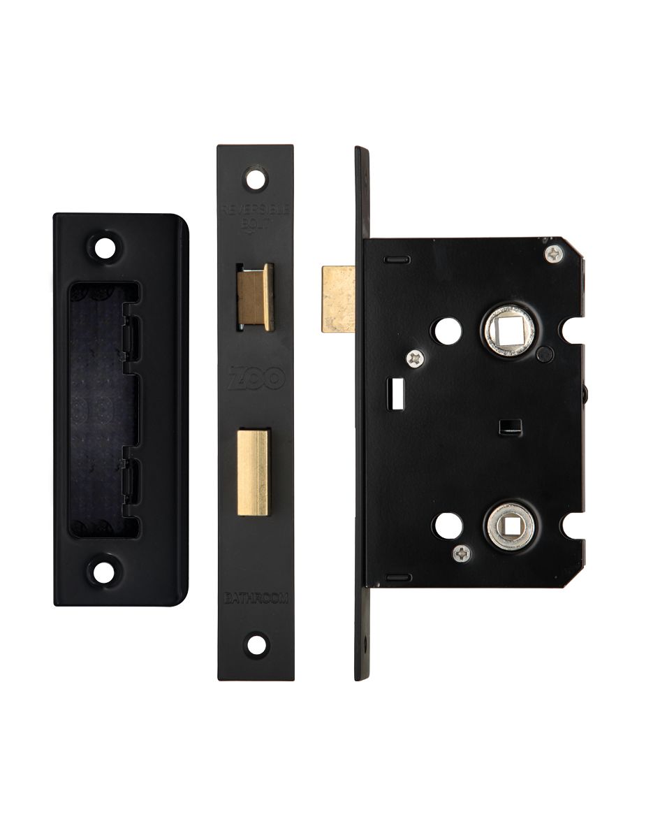 Mortice Bathroom Lock, 64mm - 57mm Centres, Square, Powder Coated Black Finish