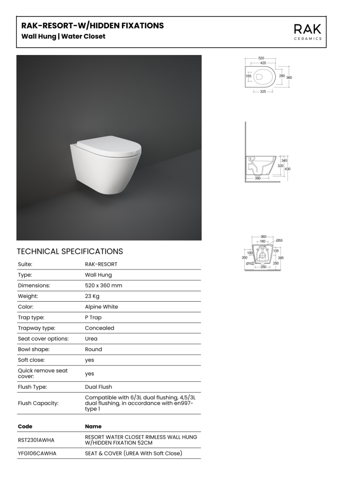 RAK-Resort Rimless Wall Hung Pan with Hidden Fixations