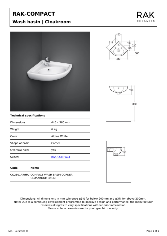 RAK Compact Corner Basin 1th 440x360mm