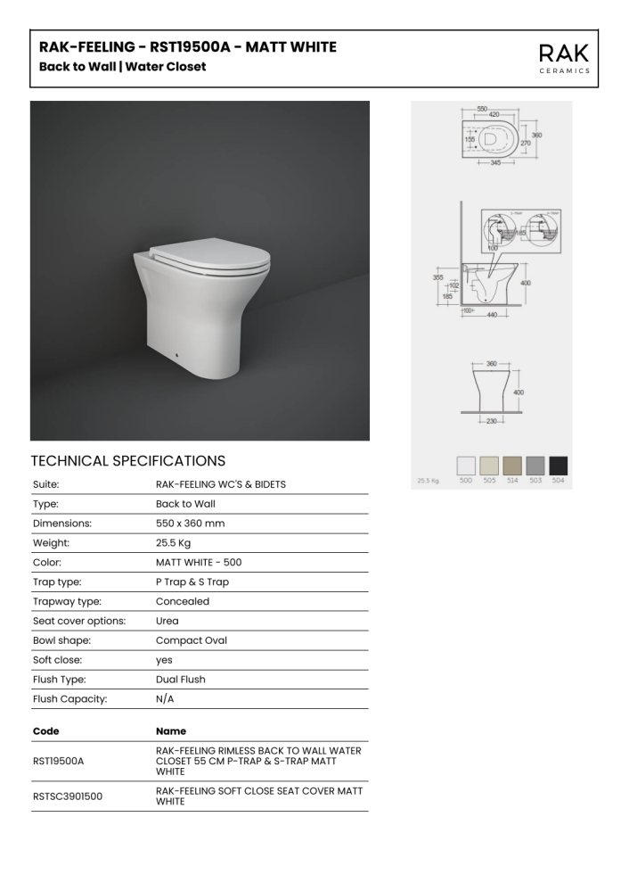 RAK Feeling Rimless BTW Pan Matt White 550 x 360mm & Soft Close Seat Matt White