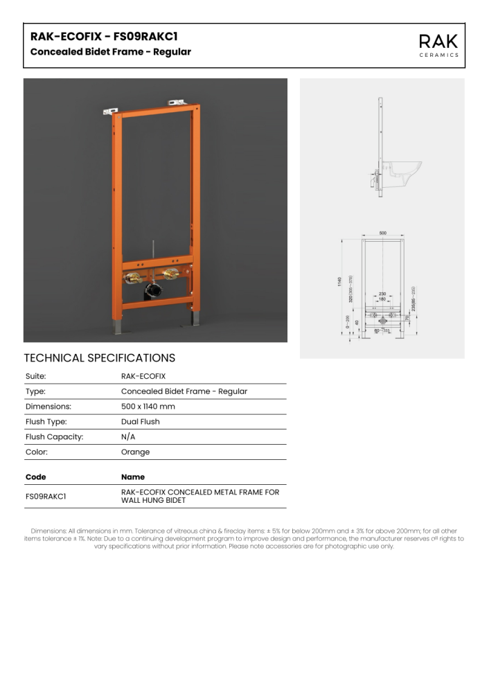 RAK-ECOFIX CONCEALED METAL FRAME FOR WALL HUNG BIDET