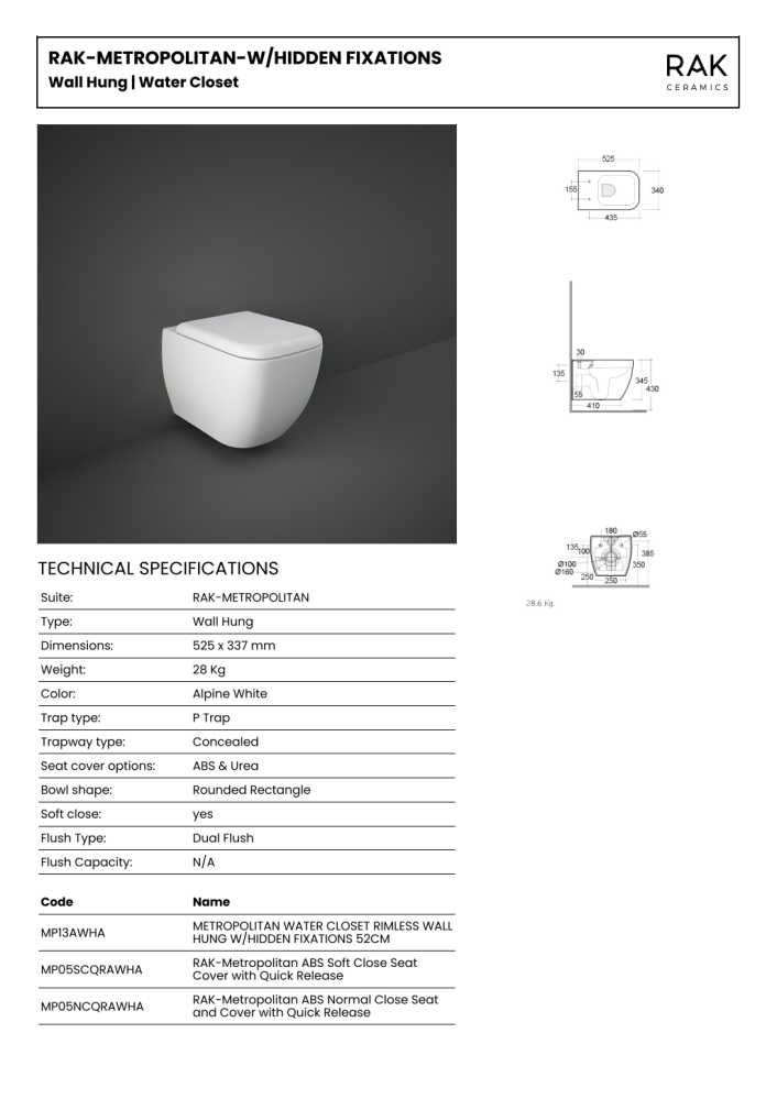 RAK Metropolitan Rimless Wall Hung Pan with Hidden Fixations