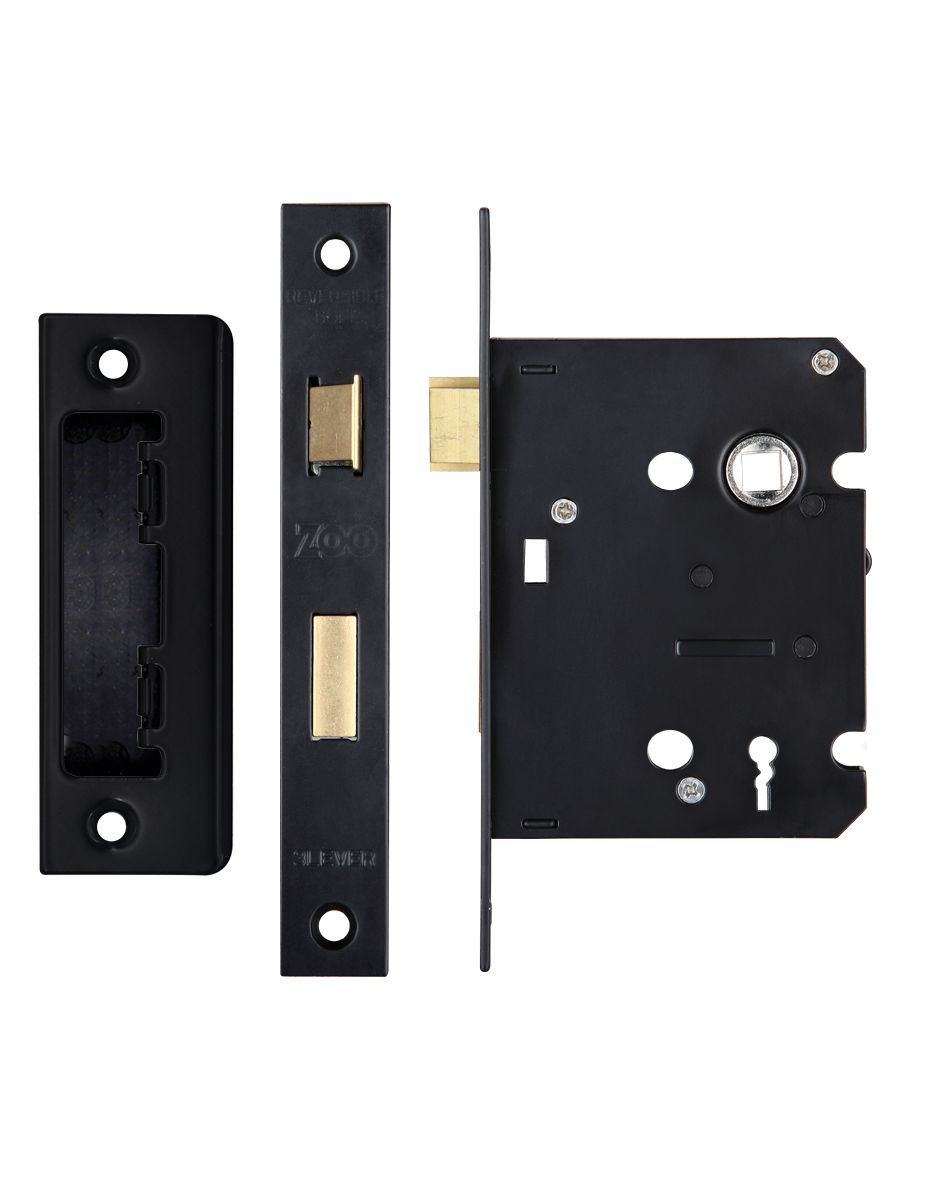 3 Lever Mortice Sashlock, 76mm - 57mm Centres, Square, Powder Coated Black Finish